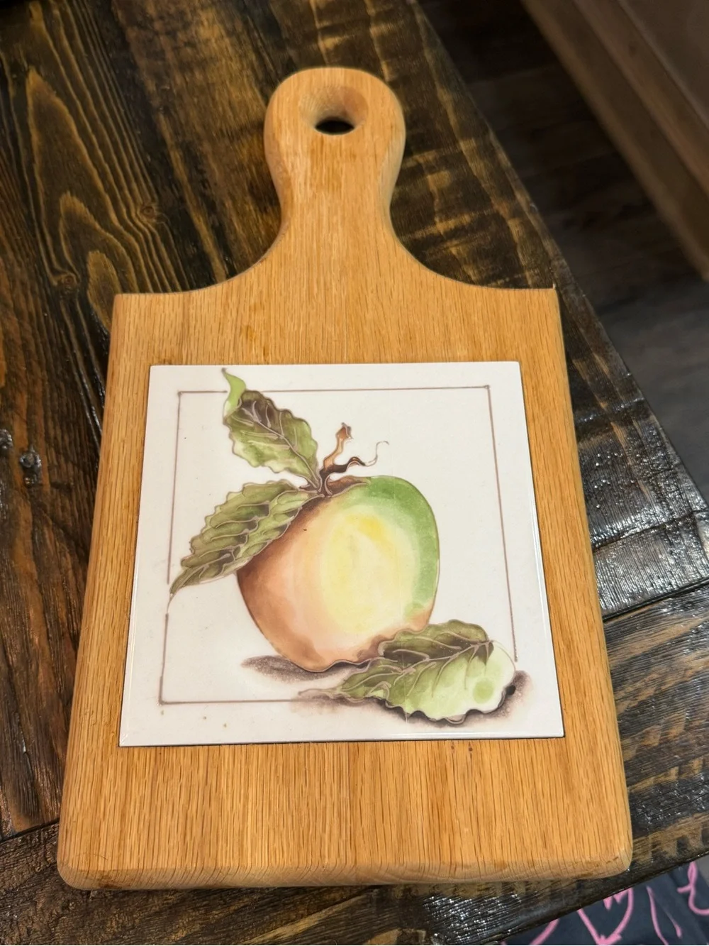 Wooden Paddle Board with Green and Cream Apple Tile